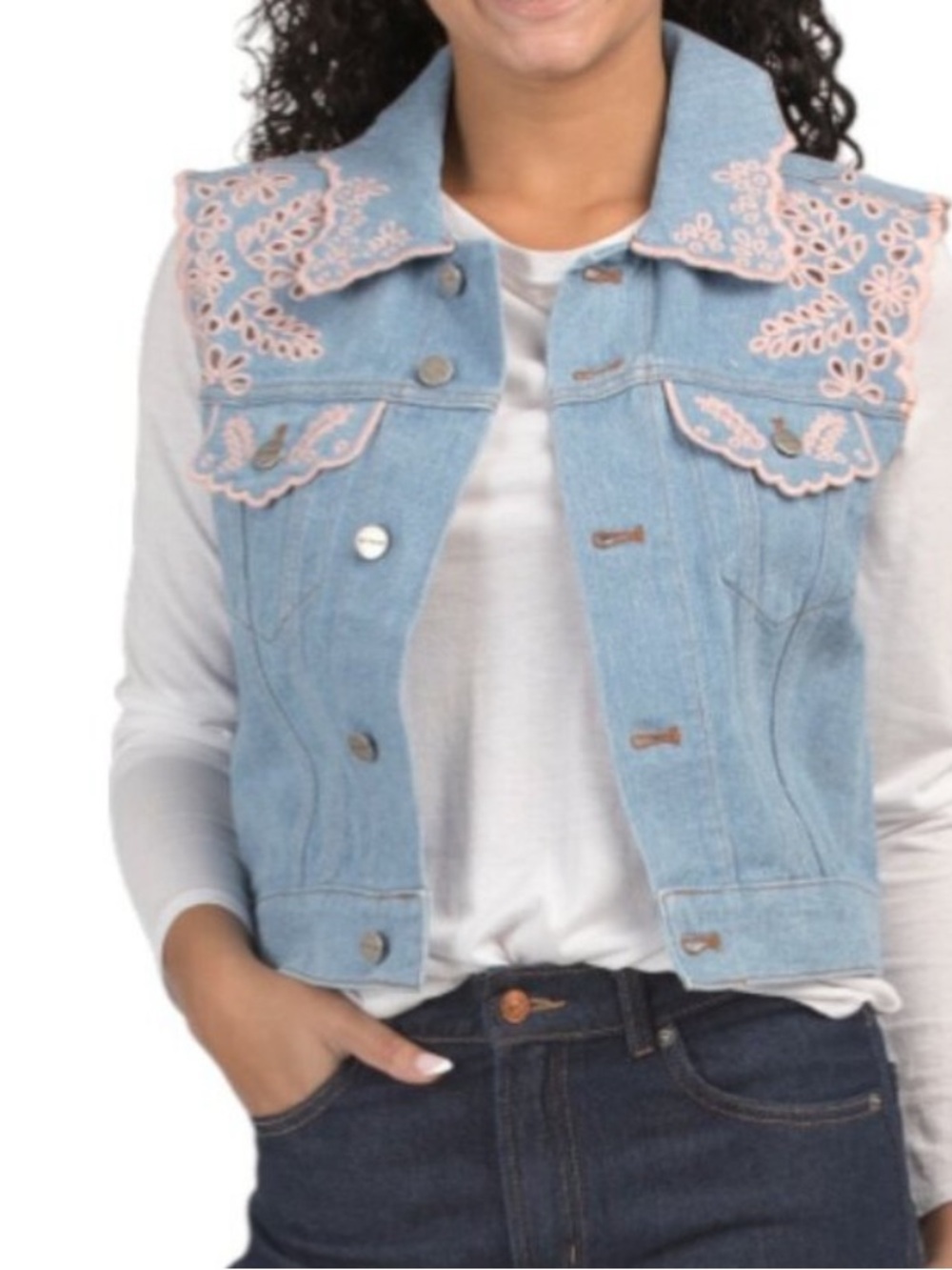 NWT FP x DRIFTWOOD Light Blue pink embroidered Denim vest size medium - Picture 2 of 11